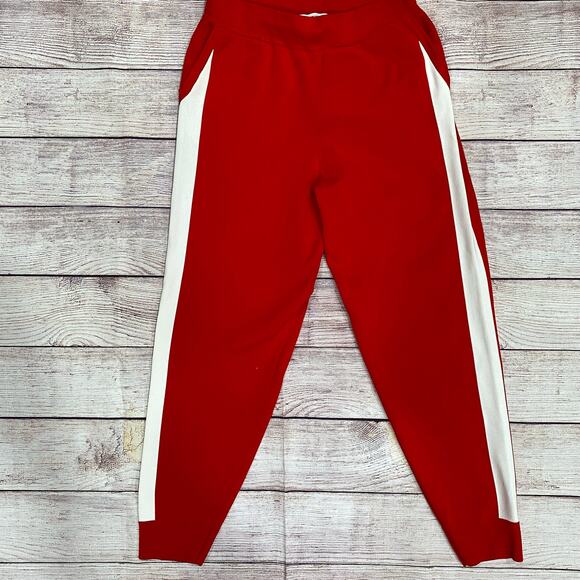 EXPRESS X OLIVIA CULPO Bright Red Track Joggers Size Medium White Contrast Pants - Picture 7 of 7